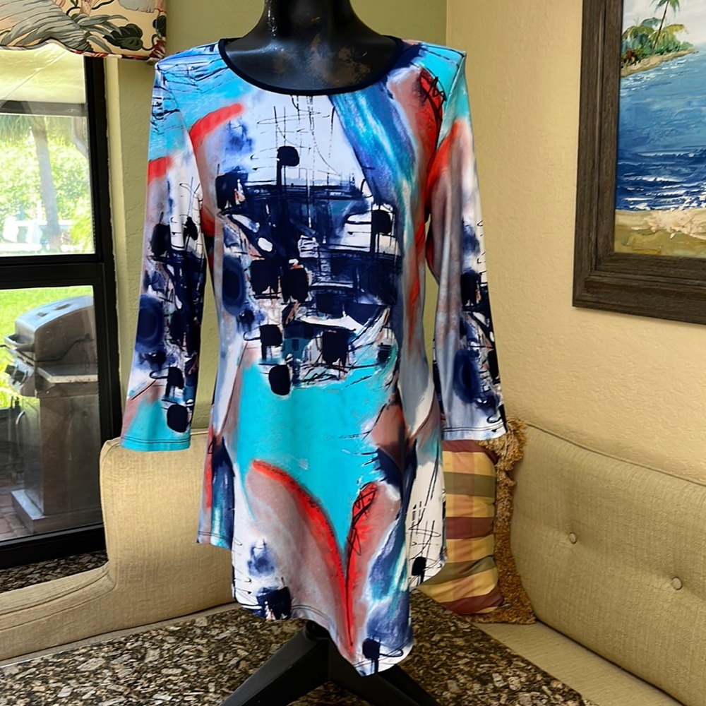 Sophia A - Abstract Colored - Round Neckline Asymmetrical Hemline Tunic- Size Sm